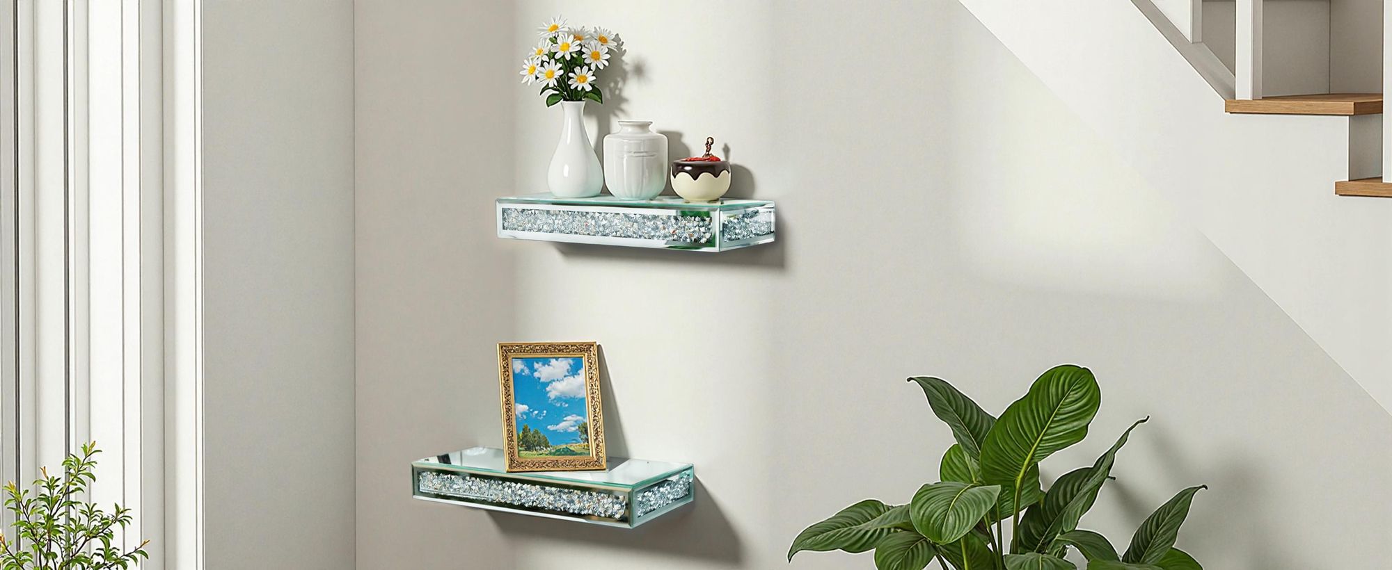 WISFOR kristall Dekoratives Wandregal 38x15x6cm Glasregal mit Kristall-Diamanten Schweberegal für Büro Wohnzimmer Schlafzimmer