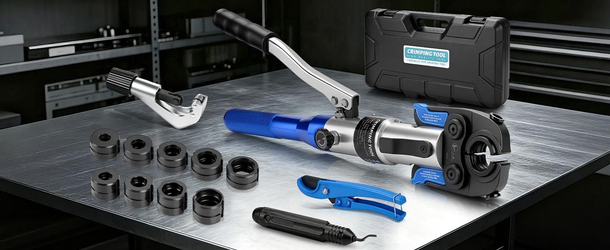 Rohrpresszange Hydraulisch Presszange inkl. Rohrschneider & Entgrater mit TH & V Kontur, Pressfitting Zange für Kupferrohre Verbundrohr Edelstahlrohr