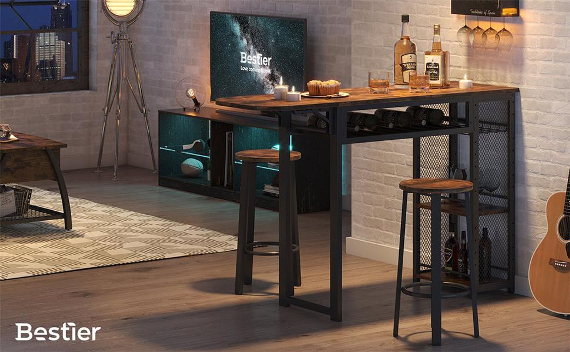 Industrie-Stil Stehtisch Küchentisch & Bartisch mit 2 Barhockern | Esstisch mit Weinglashalter & Ablage | Höhenverstellbarer Stehtisch für Bar, Bistr
