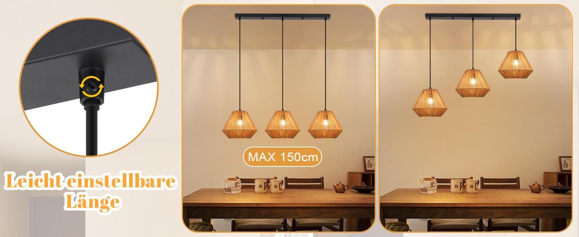 ZMH Lampe à suspendre Boho Lampe à suspendre en rotin Suspension réglable en hauteur Lampe à suspendre salle à manger 3 flammes Lampe de table design rétro avec douille E27
