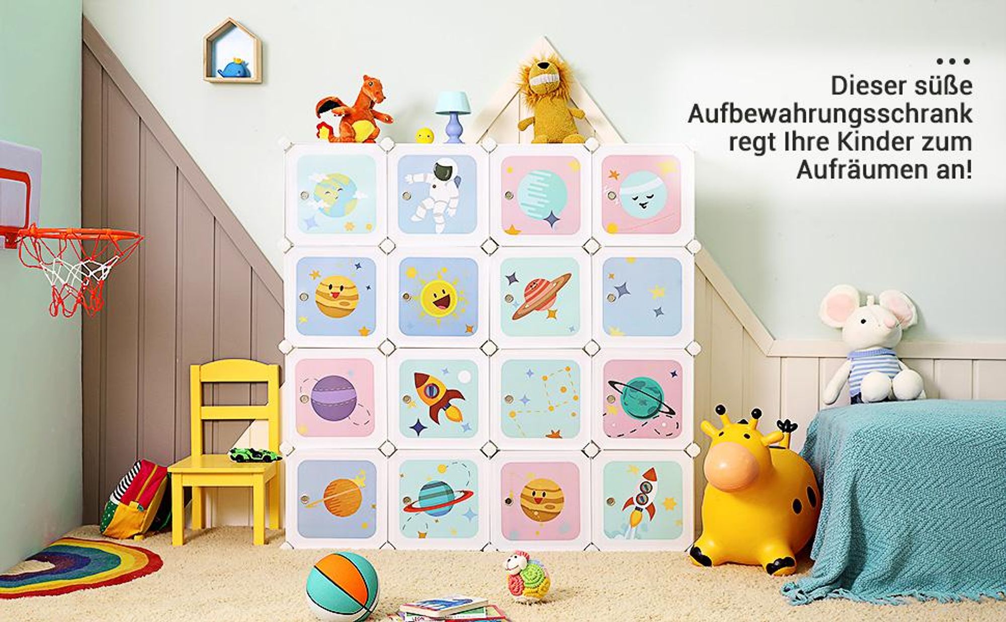 SONGMICS Kleiderregal Kinderschrank mit 16 Fächern und Türen