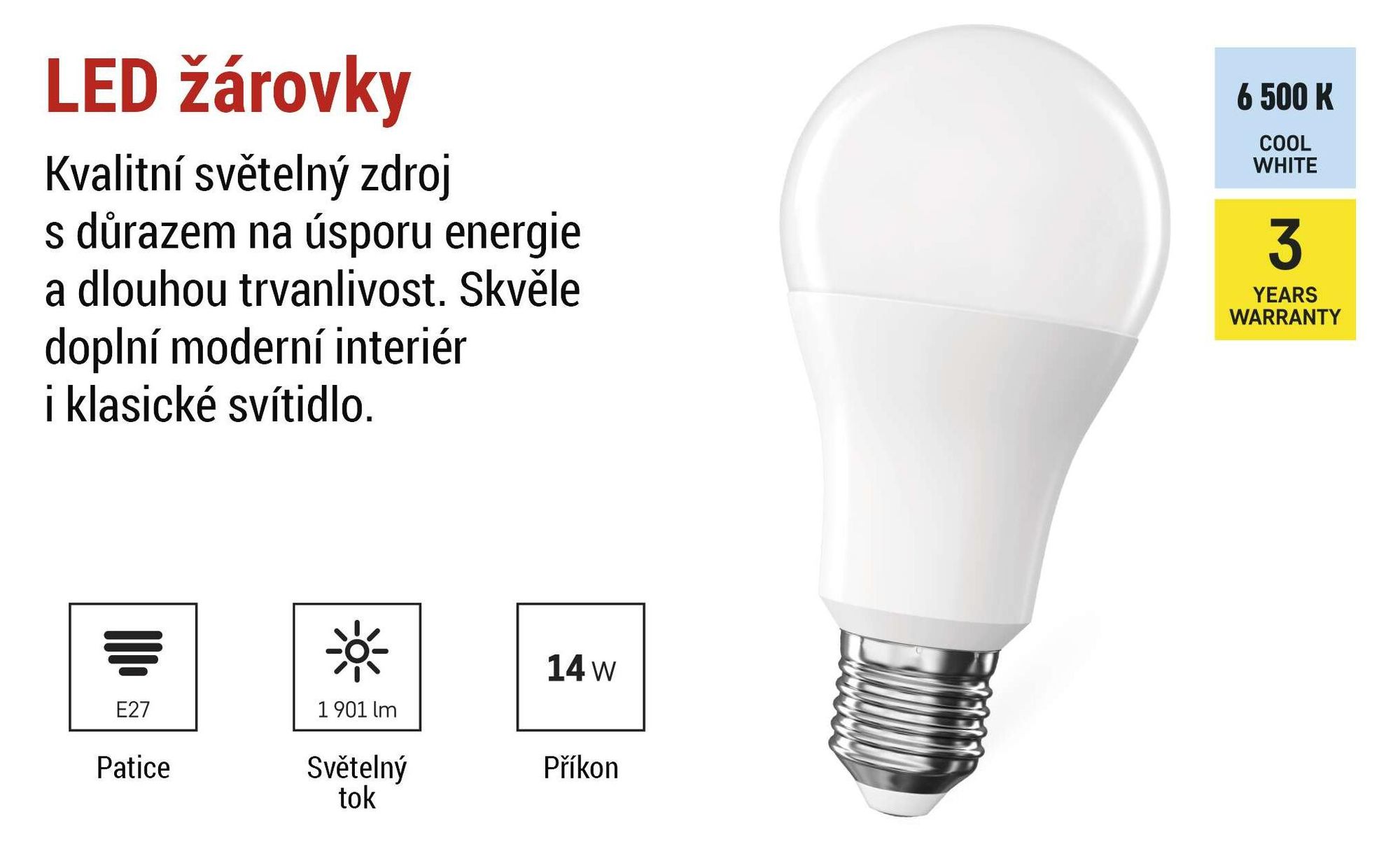 EMOS LED žárovka A60, 14W náhrada za 120W žárovku, klasická žárovka s paticí E27, jas 1901 lm, studená bílá 6500 K, ZQ5D77
