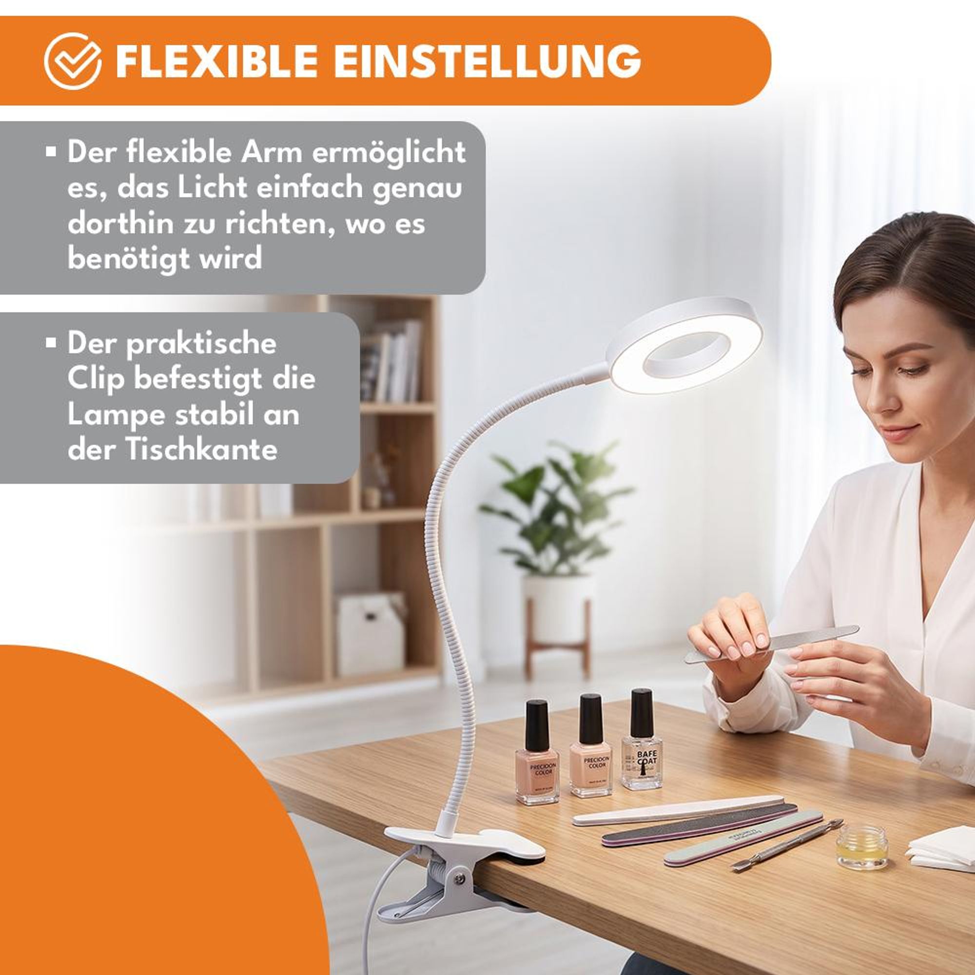 KRUMAD Leselampe, Leselampe mit Klemme, LED Klemmleuchte für Bett und Schreibtisch, 48 LEDs, 3 Lichtmodi, 10 Helligkeitsstufen, USB, Weiß