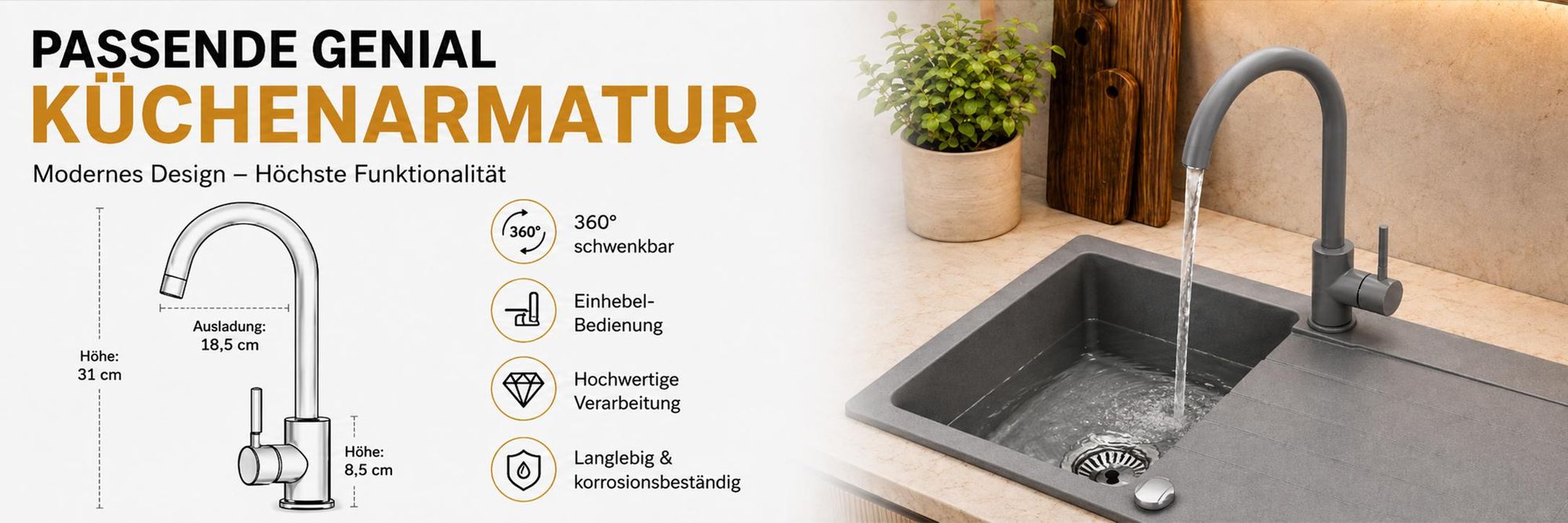 Granitspüle 76x44 cm mit Armatur Grau – Küchenspüle aus Granit, Einbauspüle Eckig, Beidseitig Montierbar, Spülbecken inkl. Siphon Set, Für 45 cm Unterschrank, Kratzfest & Hitzebeständig : Grau