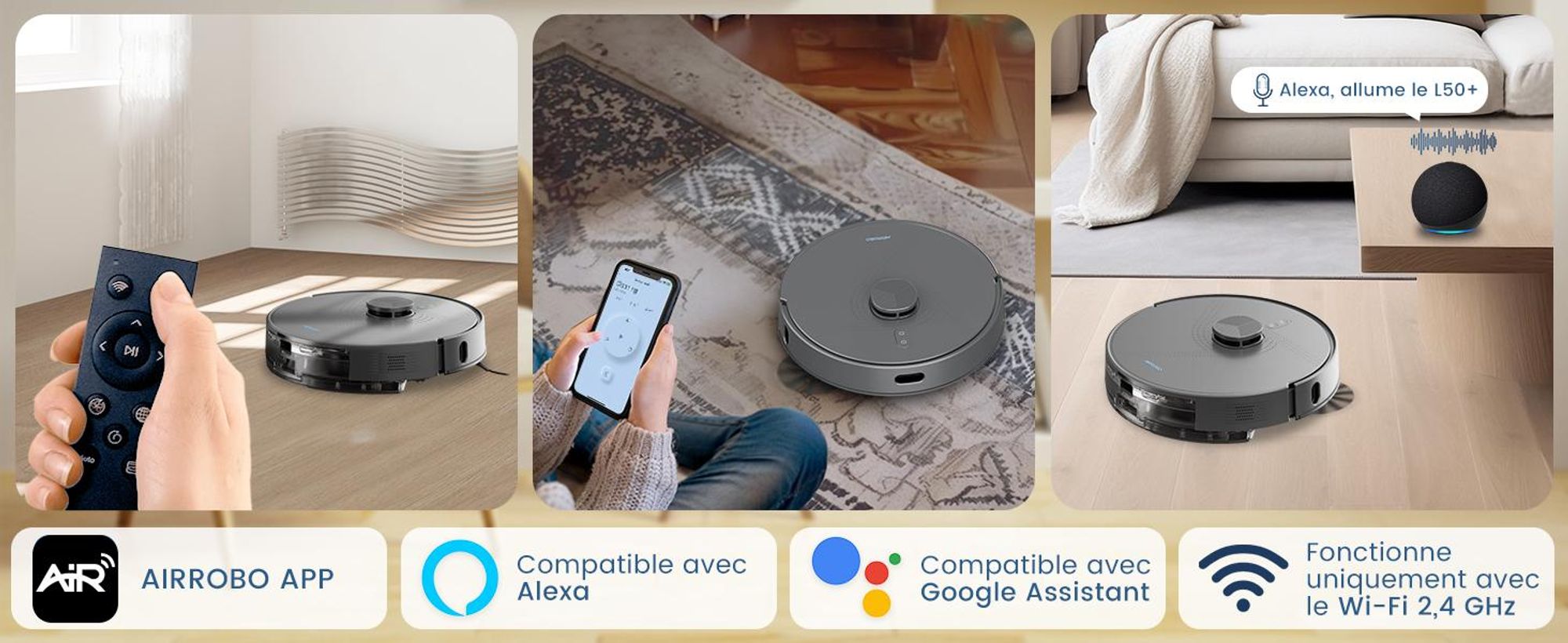 Robot aspirateur AIRROBO L50+ avec fonctions d'aspiration et de lavage, puissance d'aspiration de 10 000 Pa, autonomie de 240 minutes