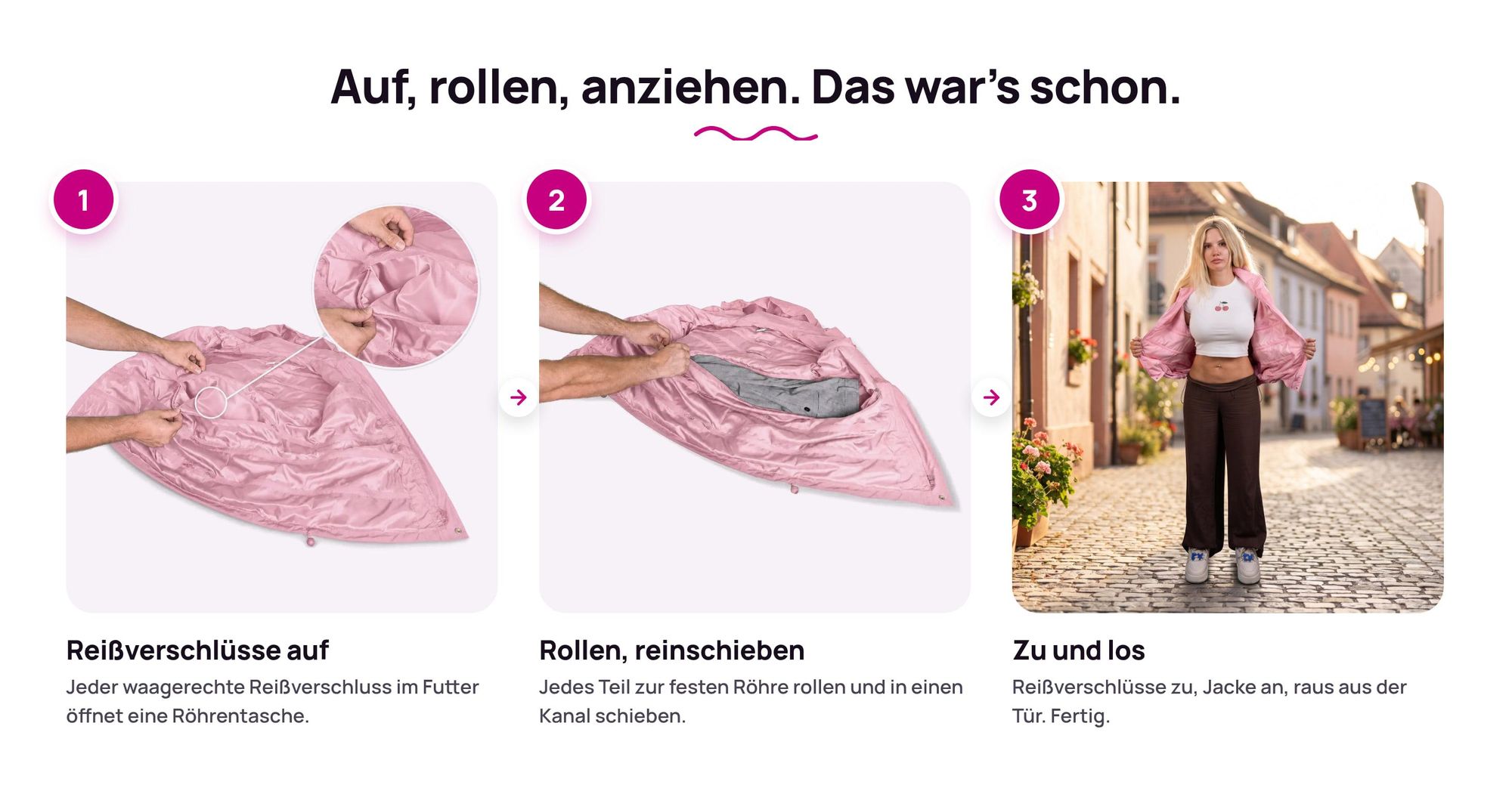 Schritt für Schritt: Kleidung in die Röhrentaschen der Ryanwear Packjacke packen