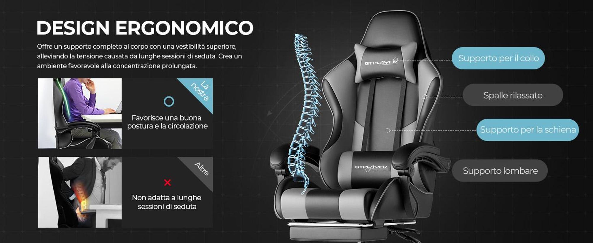 Sedia da gioco GTPLAYER, sedia da ufficio ergonomica con funzione massaggio e poggiapiedi, struttura con maniglie, base in acciaio, grigio