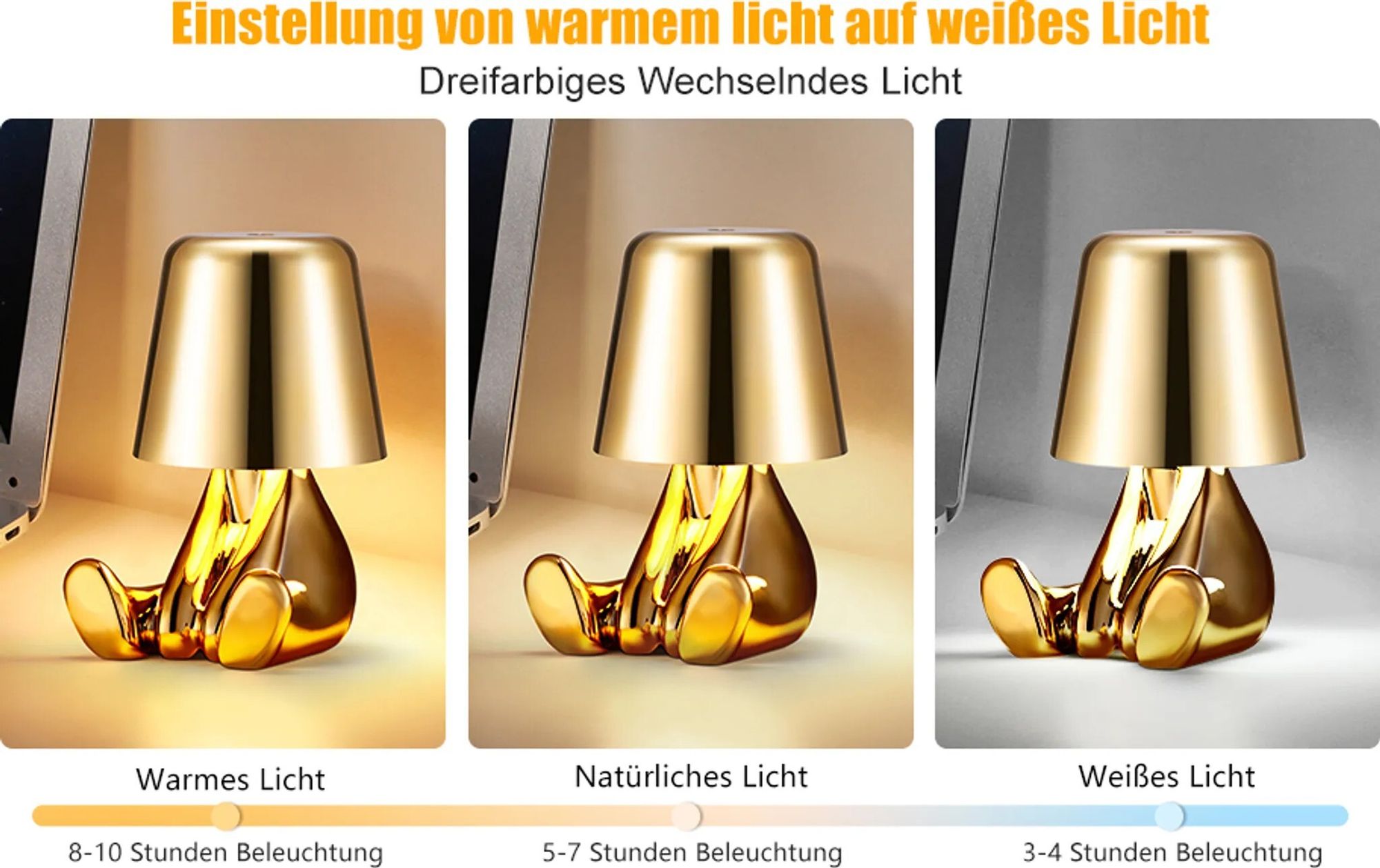 Nachttischlampe mit Touch-Steuerung, dekorative Thinker-Statue LED Schreibtischlampe, USB-Aufladung, 3 Helligkeitsstufen, dimmbare Tischlampe (Gold B)