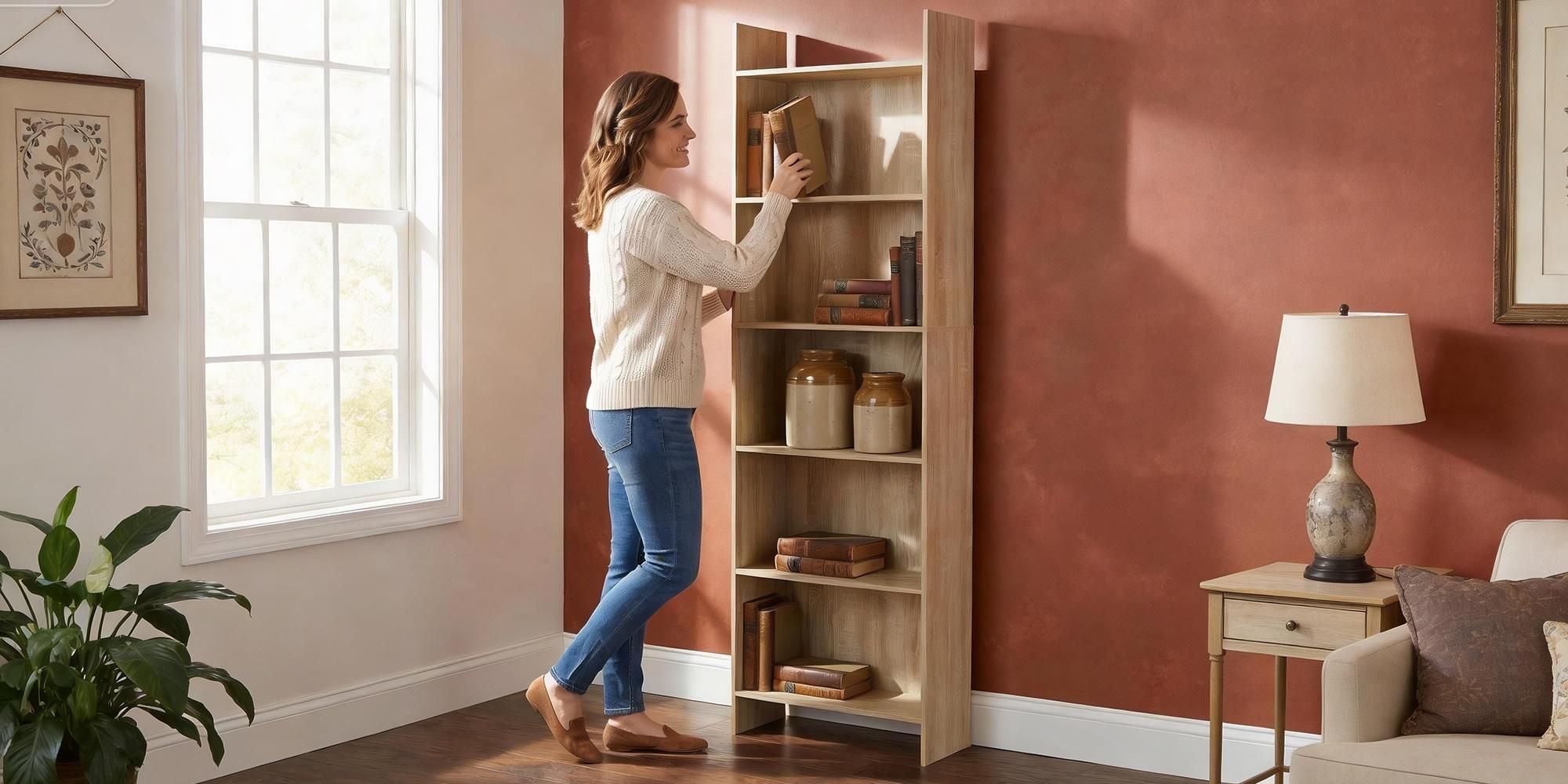 Bücherregal Standregal 6 Fächern 24 x 48 x 170 cm Eichenbeige | offen, für Wohnzimmer, Arbeitszimmer, Büro, als Raumteiler