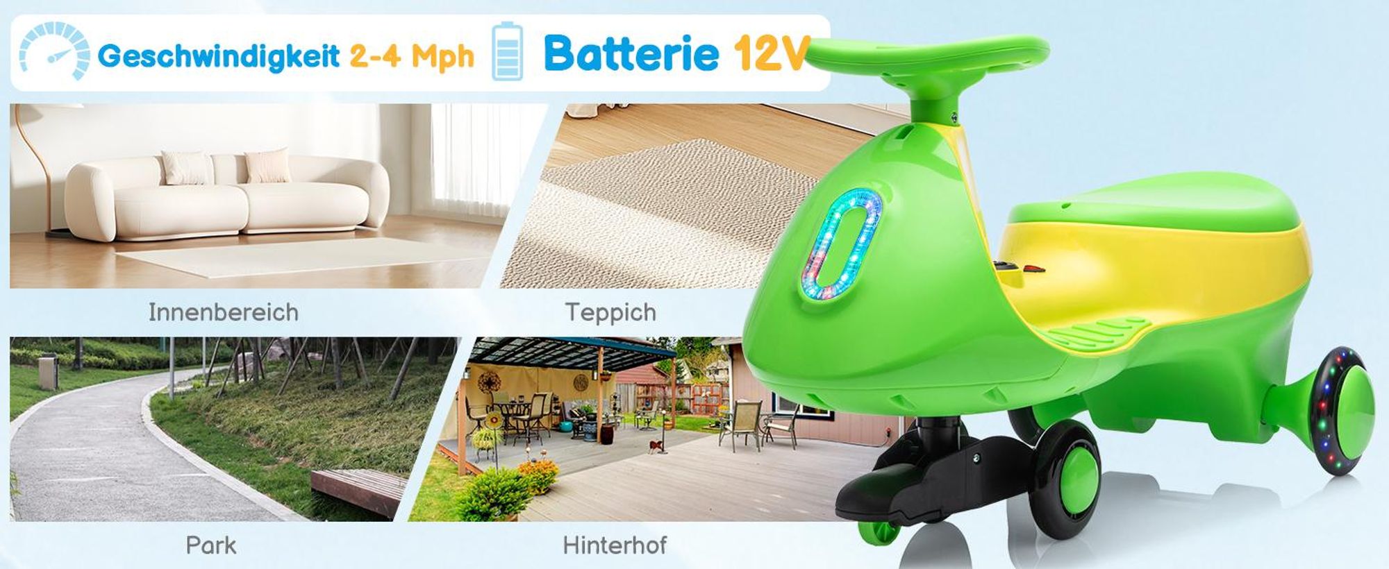 Kinder-Elektroauto 12V, Elektrisches Rutschauto mit Pedal, 2 Geschwindigkeiten und Kippschutz, Bluetooth, für Kinder ab 3 Jahren, Grün & Gelb