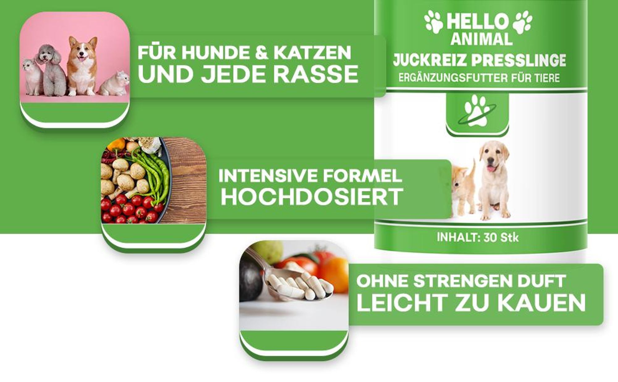 Hello Animal® Juckreiz Presslinge für Hund und Katze - Unterstützung zur Linderung von Juckreiz – Beruhigung der Haut