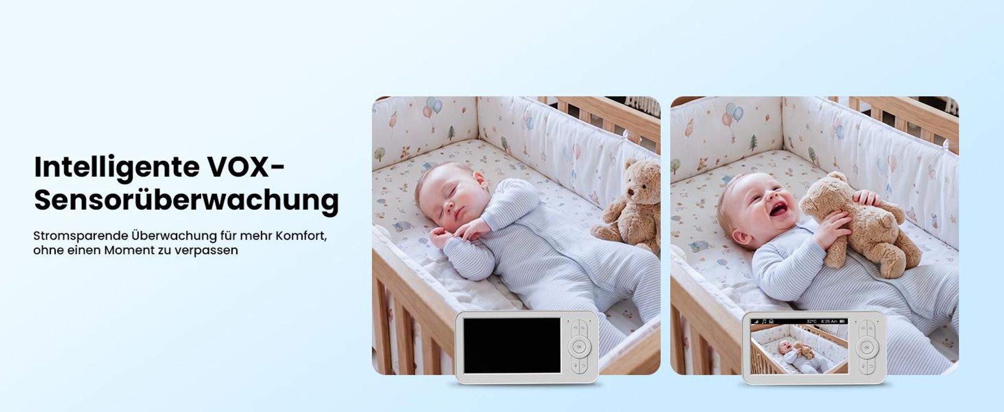 Babyphone mit Kamera und Audio ohne WLAN5 Zoll Display 30h Akkulaufzeit schwenkbar und neigbar 2xZoom Nachtsicht VOX Gegensprechfunktion mit Halterung