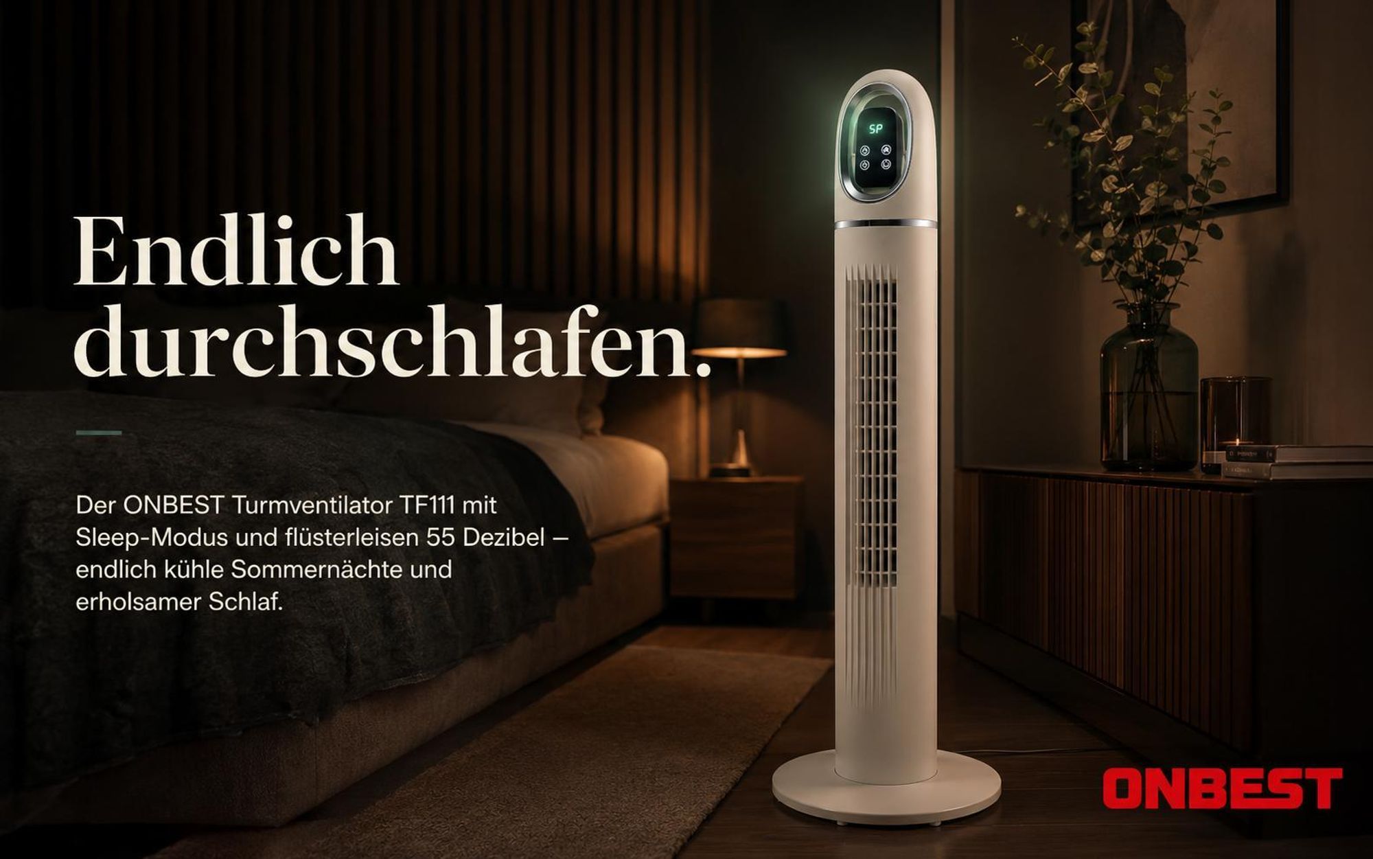 Turmventilator ONBEST TF111 | 45W | 110 cm | Inkl. Fernbedienung & Timer | 3 Geschwindigkeiten | 3 Modi | 80° Oszillation