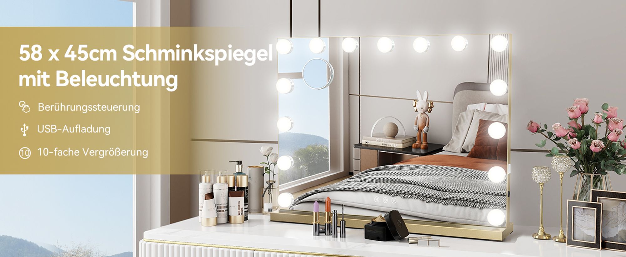 Puluomis Kosmetikspiegel Hollywood 58x45cm Schminkspiegel mit Beleuchtung, 15 LED 3 Farben Dimmbar mit USB,10x Vergrößen, Spiegel Wandspiegel golden