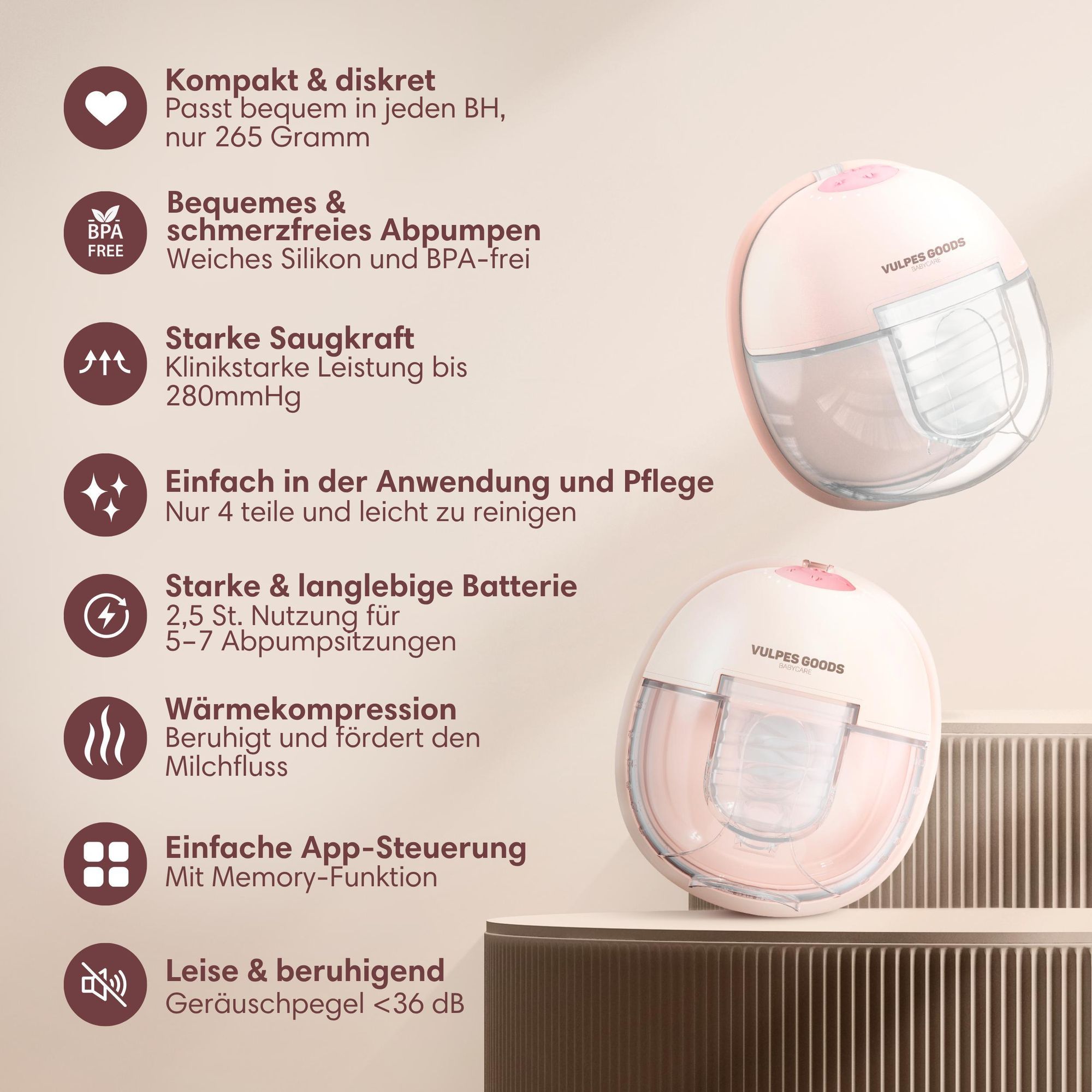 Vulpes Goods Milchpumpe, Intelligente-app, Hygienisch, Kabellos, Heizkörper, Aufbewahrungstasche, Inklusive Muttermilch-Aufbewahrungsbeutel