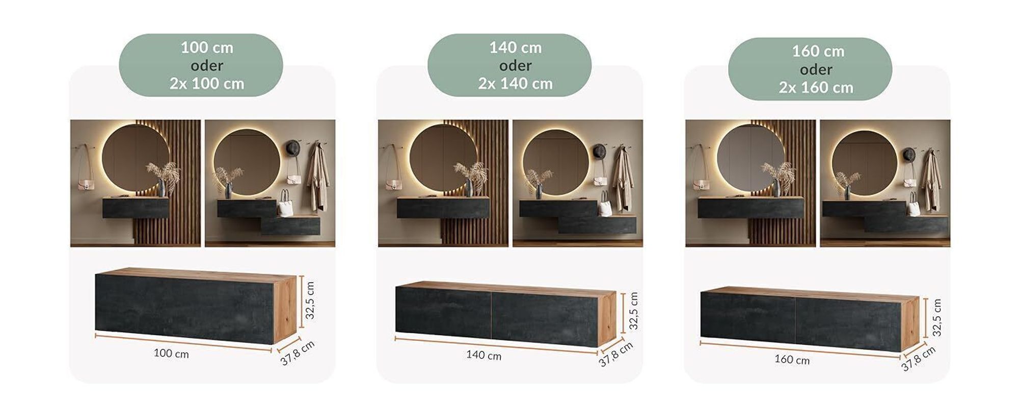 Planetmöbel Flur Möbel Garderobe Hängeschrank 2x 100 cm gold eiche, Wandgarderobe hängend oder stehend