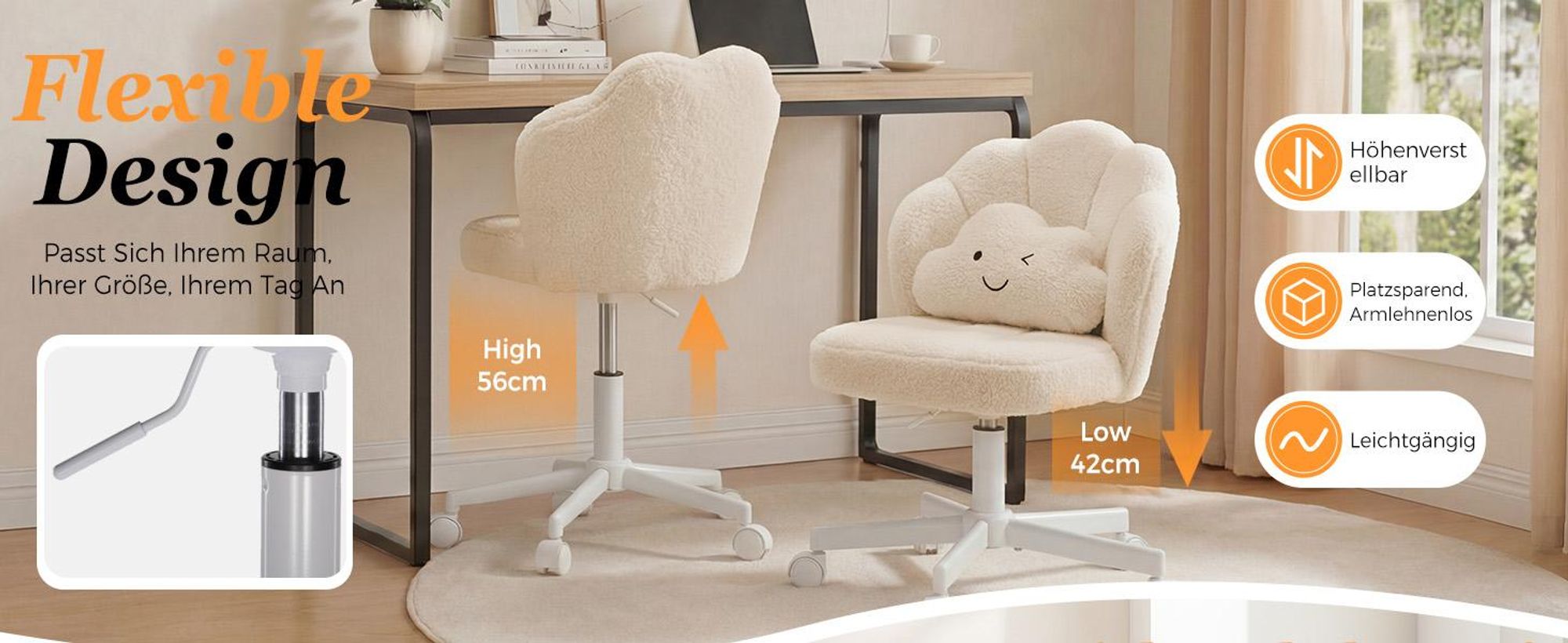 COMHOMA Bürostuhl Schreibtischstuhl, Schminkstuhl mit Rollen Doppelter Rückenlehne und Wolkenkissen, Höhenverstellbarer Drehstuhl, Teddystoff, Beige