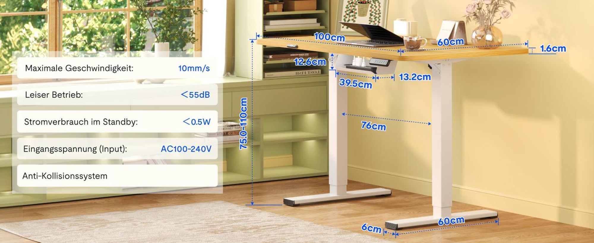 FLEXISPOT EN1 Höhenverstellbarer Schreibtisch 100x60cm elektrisch mit einteiliger Tischplatte, Kabelmanagement & Ablagefach, 4 Memory-Funktion (Ahorn)