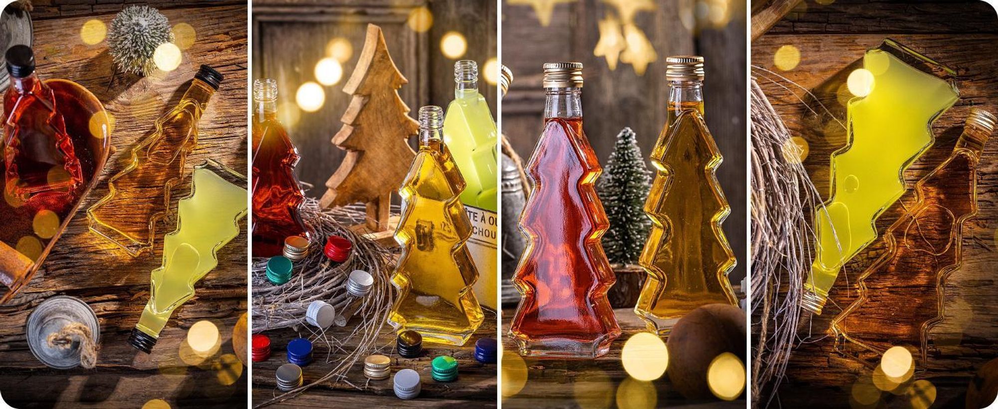 KADAX Glasflaschen in Tannenbaum Form, 200ml, 10 Stück, Weihnachtsflaschen mit Schraubverschluss, Likörflaschen für Weihnachten, leere Schnapsflaschen zum Befüllen (Gold)