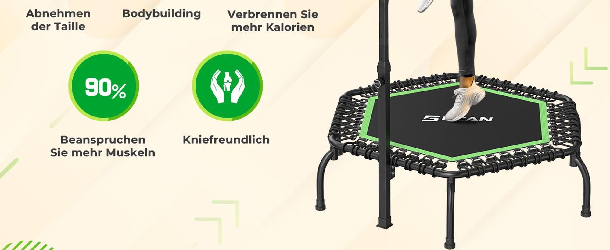 BCAN Fitness Trampolin Indoor Ø 122 cm, Trampolin Erwachsene bis 250 kg, Bodentrampolin mit verstellbarem T-Griff & 42 Gummiseilen