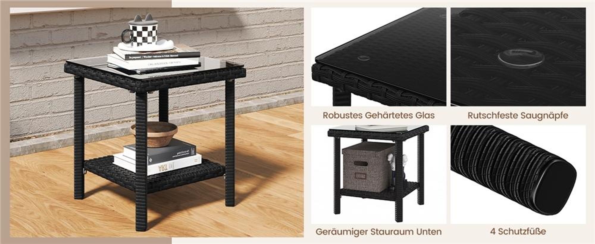 Yaheetech 5er Gartenmöbel Set, aus Rattan, inkl. 2 Einzelsofas & 2 Fußhocker & 1 Kaffeetisch, Balkonmöbel Terassenmöbel, Schwarz & Beige