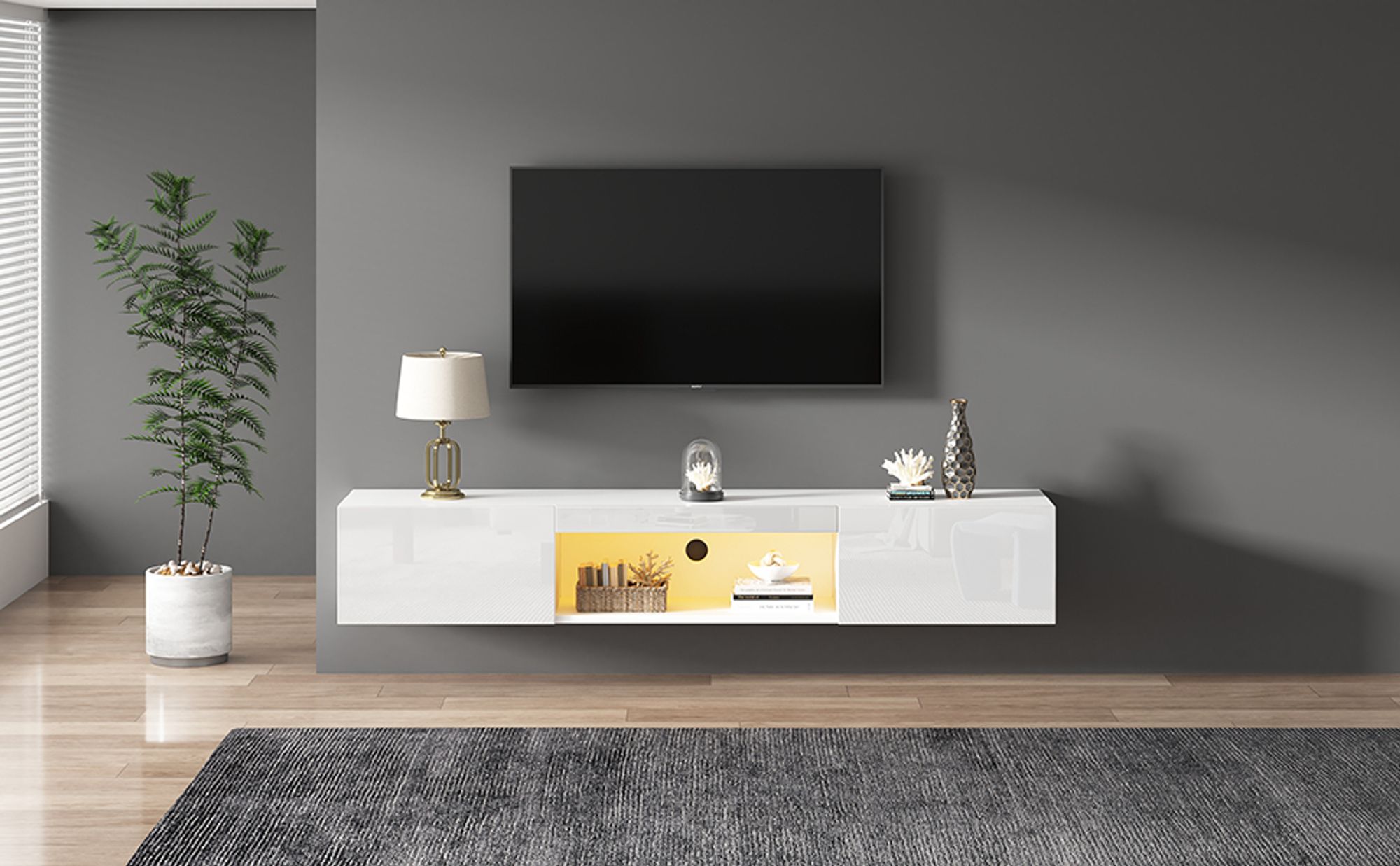 Merax TV-Lowboard hängend Fernsehtisch mit Türen und offenes Fach, hochglanz TV-Schrank mit LED, TV-Ständer mit APP, B:160cm, Weiß