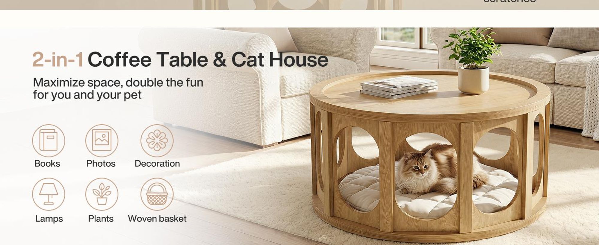 Tribesigns runder Couchtisch mit Stauraum, 2-in-1-Katzen-Couchtisch mit einzigartigem offenem Design, moderner Beistelltisch Wohnzimmer, 80 cm x 45 cm