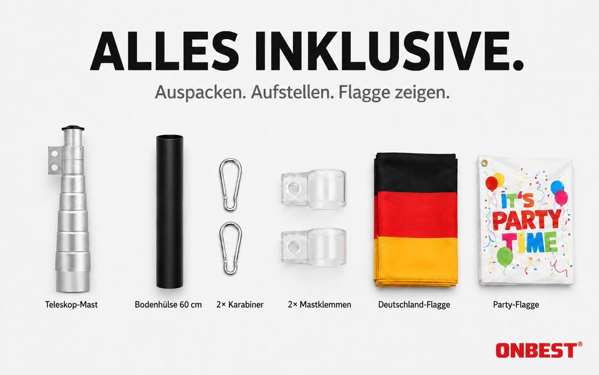 ONBEST Fahnenmast | mit Bodenhülse und Karabiner | 6,2 m | inklusive Deutschlandfahne | Partyfahne