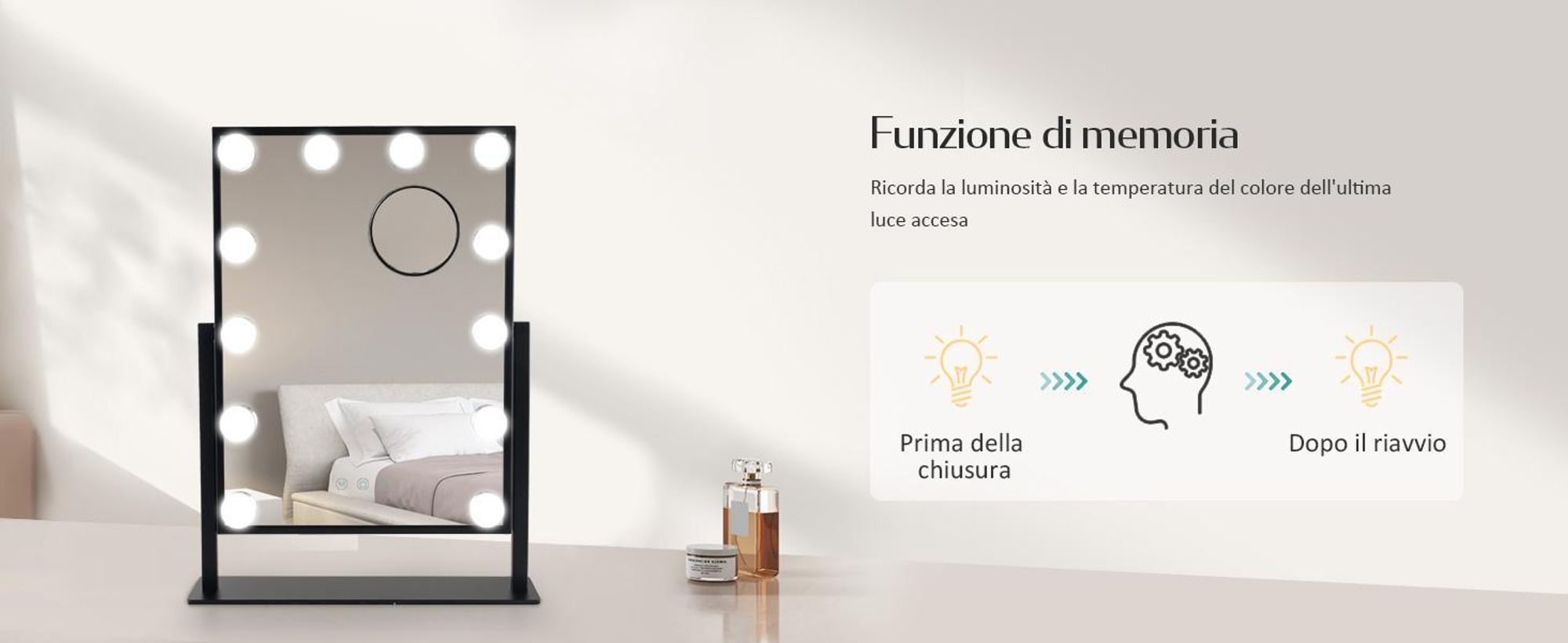 EMKE Hollywood specchio per il trucco 85x364x475mm con specchio d'ingrandimento 7x, nero Specchio per il trucco con touchscreen intelligente e 3 colori di luce, 12 luci LED dimmer, ruotabile a 360° e funzione memoria