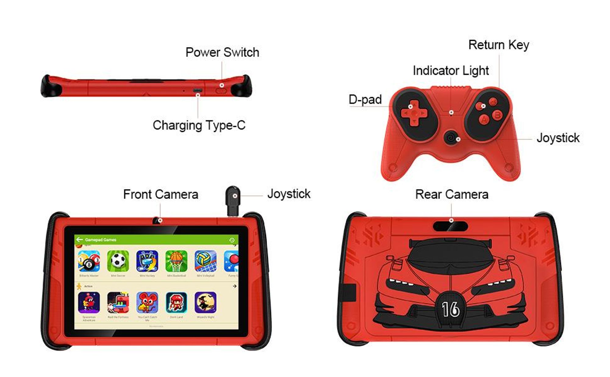 PRITOM 7" Android 15 Tablet für Kinder, 3 GB RAM 32 GB ROM, Kindersoftware vorinstalliert, WLAN, mit cooler Hülle in Sportwagenform, Rot