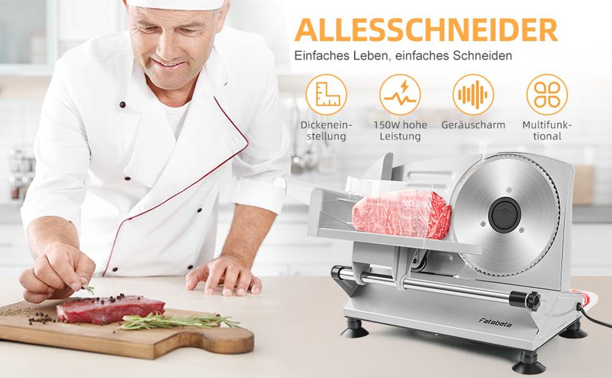 FATABETA Brotschneidemaschine, Klingen für den Heimgebrauch, 150 Watt Profi Allesschneider Elektrisch mit 0-15 Präziser Dickenknopf Schnitt Fleisch