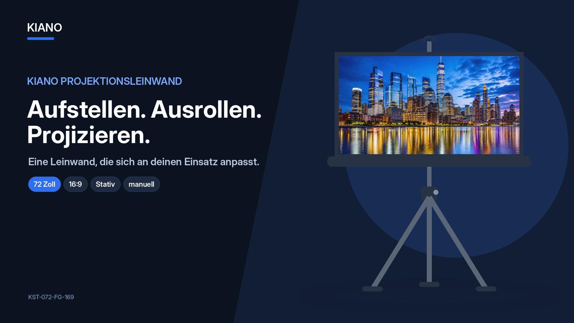 Kiano Tripod 72 Zoll Beamer-Leinwand 16:9 Fiberglass mit Stativ, mobil und höhenverstellbar für Heimkino und Präsentationen