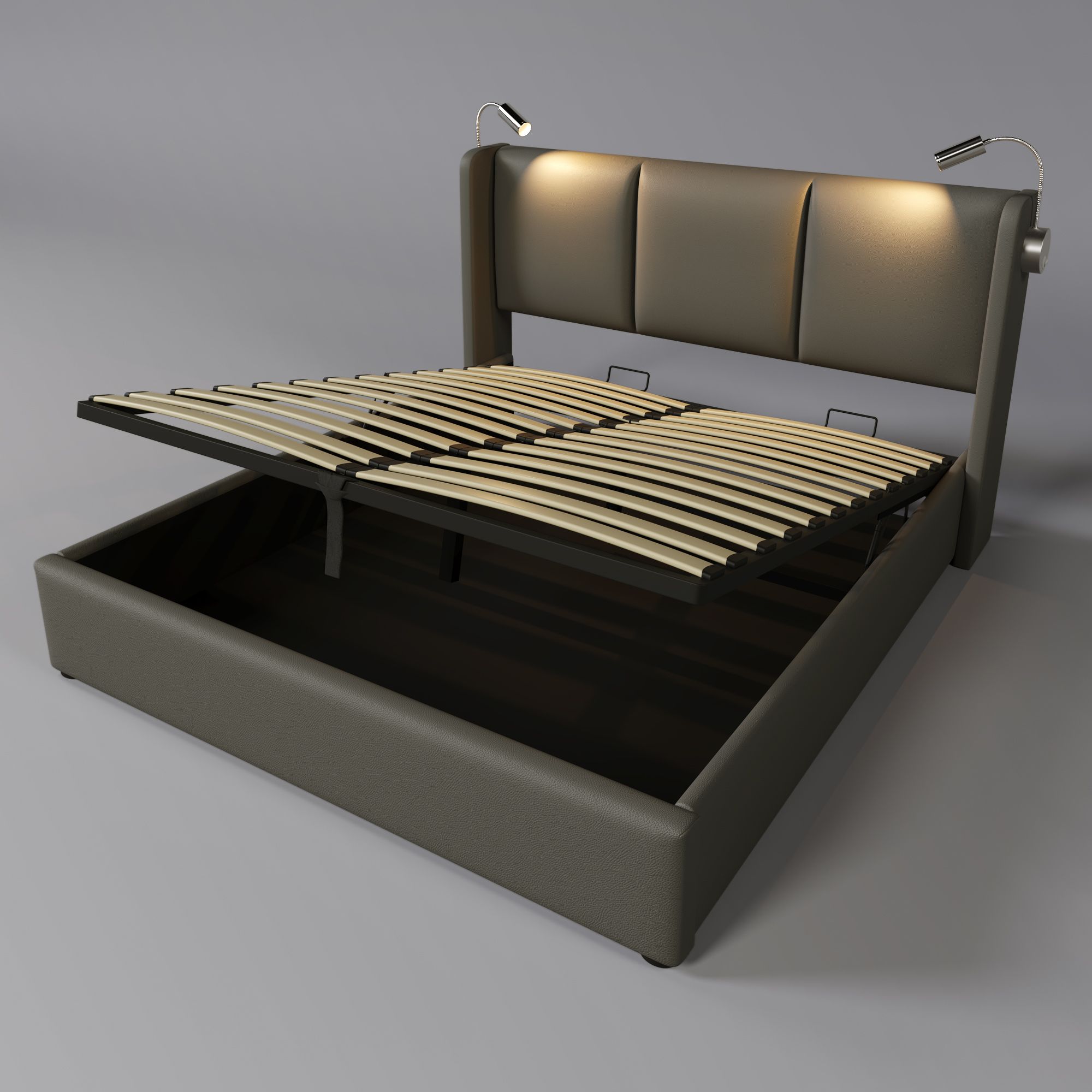 Flieks Polsterbett 160x200cm mit Lattenrost, Boxspringbett mit Leselichte und USB, Doppelbett Stauraumbett Funktionsbett, PU, Grau
