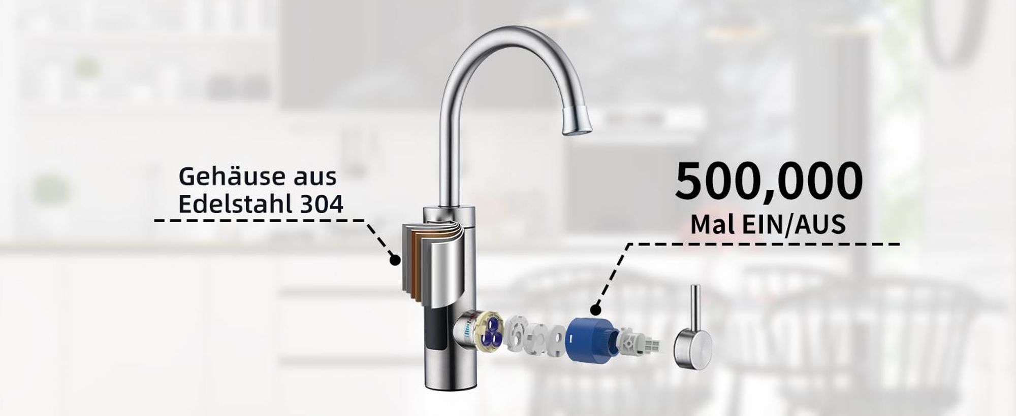 Elektrische Küchenarmatur mit Durchlauferhitzer, Smart Heater Wasserhahn 360° drehbar, Edelstahl Wasserhahn Küche mit LED Temperaturanzeige, Elektrisch Durchlauferhitzer für Bad/Küche