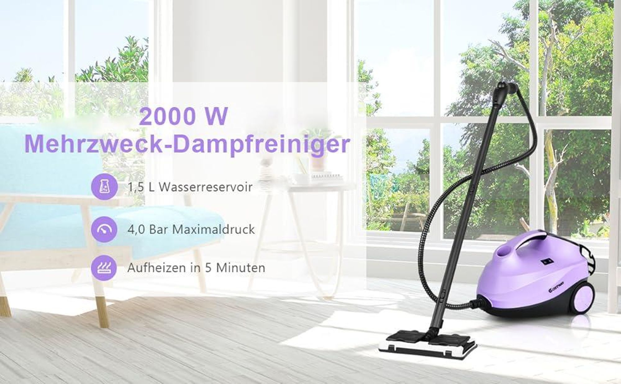 COSTWAY Dampfreiniger 2000W, 4 Bar, 1,5L Tank, bis 108℃, Dampfzeit bis 45 Min. & LED Warnlicht, Bodendampfreiniger mit 18 Zubehörteilen Lila