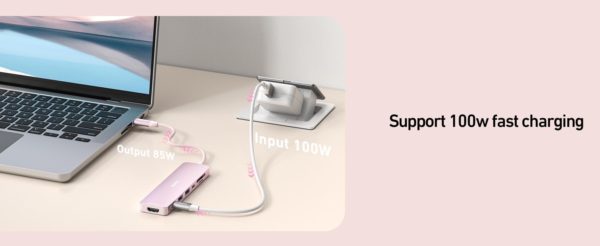 BENFEI Hubs USB C Hub 7in1 Pink mit HDMI 4K 60Hz 100W PD
