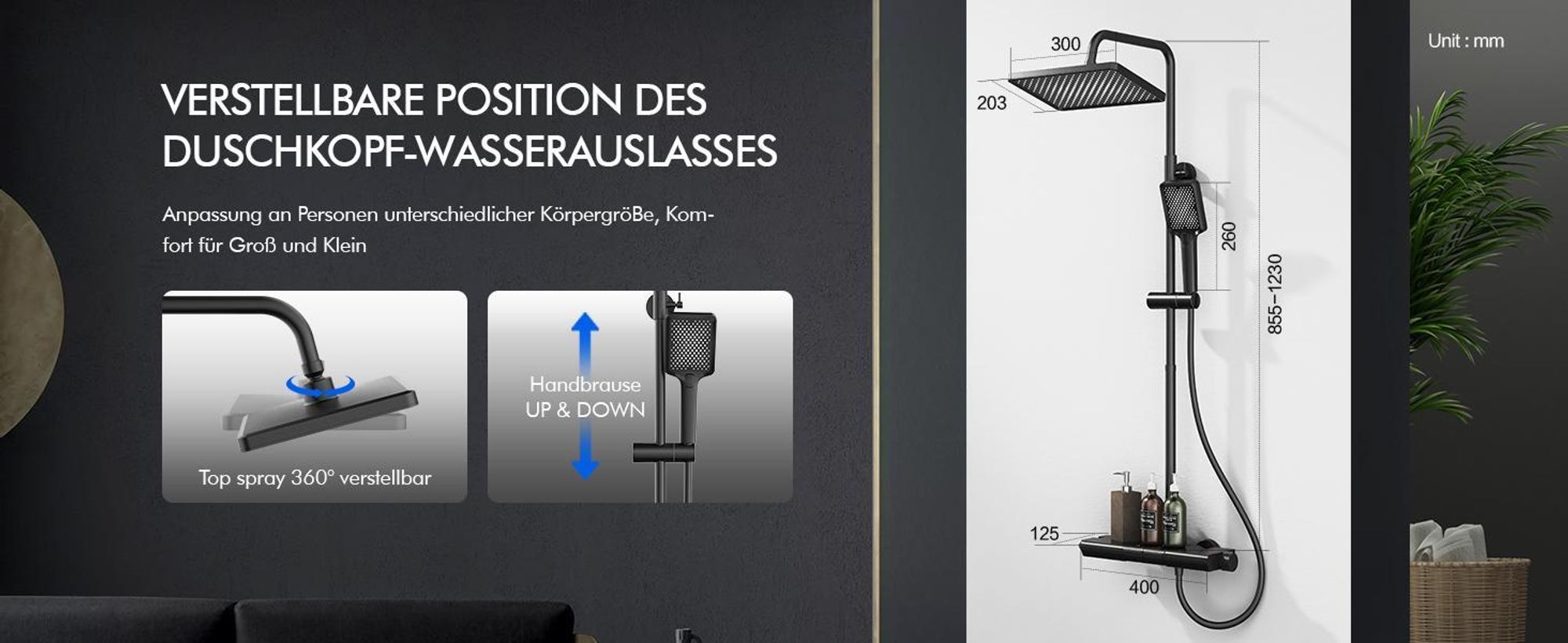 HOMELODY Duschsystem mit Thermostat und Glasablage Schwarz, 30x20cm Groß Kopfbrause, 3 Strahlarten Handbrause, Klavierknöpfen Duscharmatur Komplettset