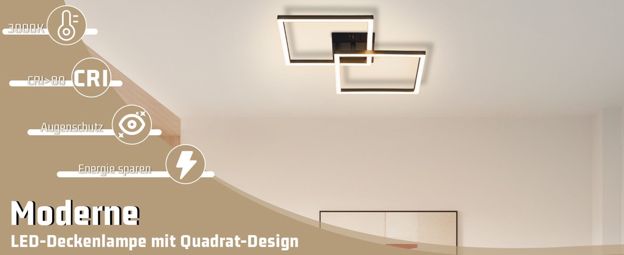 ZMH Deckenlampe LED Deckenleuchte Schlafzimmer 24W Wohnzimmerlampe Warmweiß Küchenlampe Modern Esszimmerlampe Schwarz Eckig Deckenleuchten