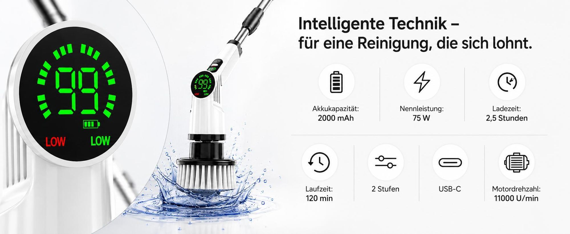 9 in 1 Elektrische Reinigungsbürste Akku 120 Min, 2 Geschwindigkeiten, 360° drehbarer Bürstenkopf, Display, USB-C, für Ecken, Bad, Fensterreinigung