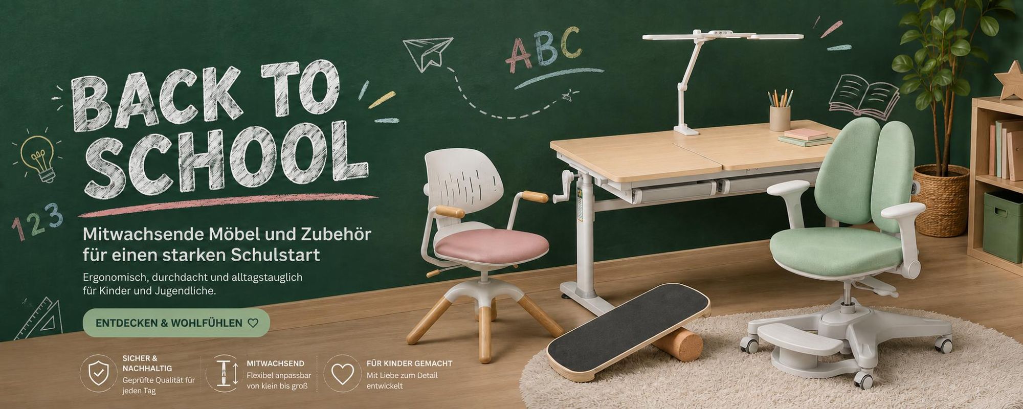 HOKO Kinderstuhl höhenverstellbar, für Kinder ab 6 Jahren, vielseitig verstellbar mit Fußstütze, Schmetterlings-Rückenlehne, Rollen, Grün, ANTON