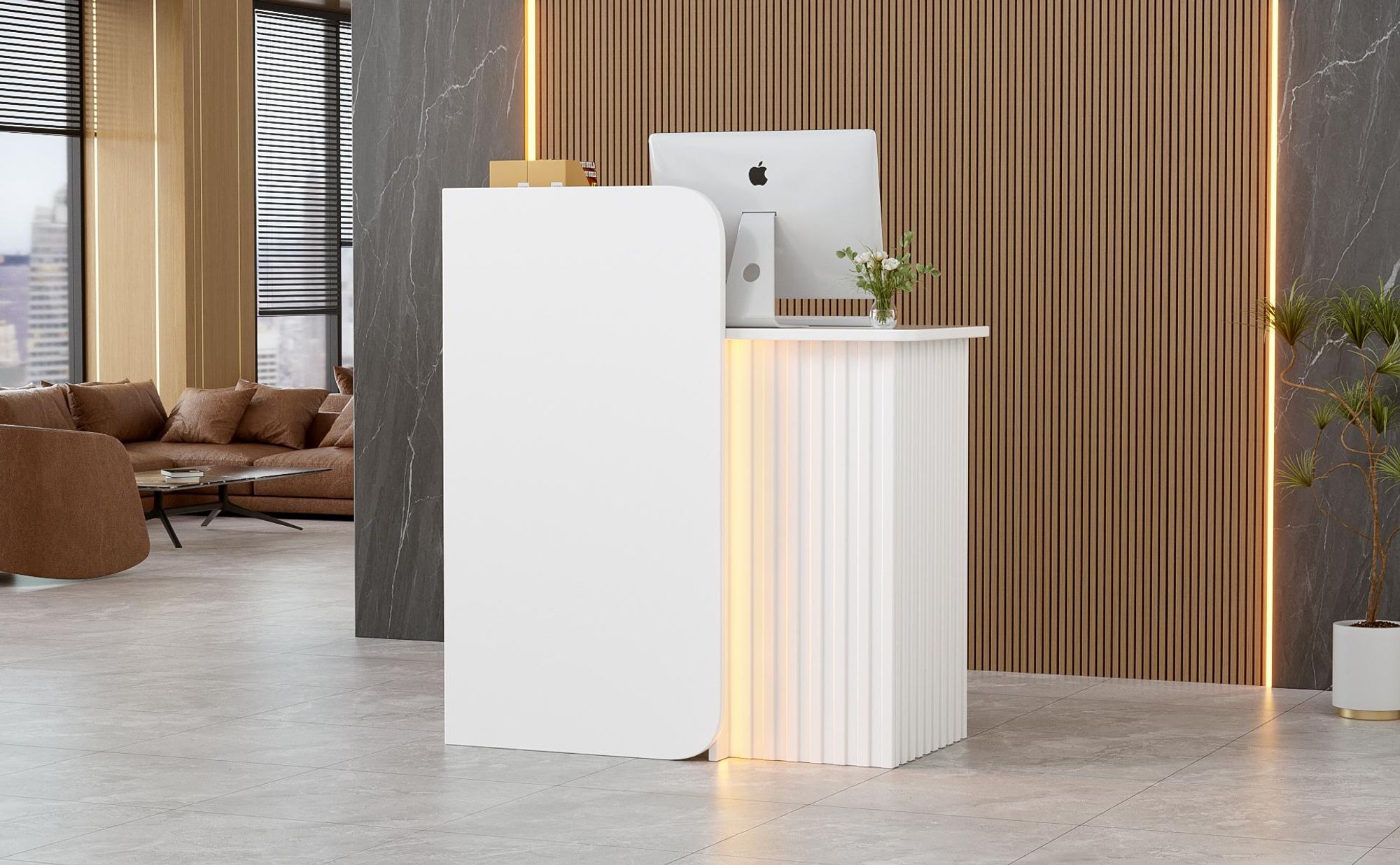 Empfangstheke mit LED-Beleuchtung, kompakter Fronttresen mit abschließbaren Schubladen, modern & platzsparend, Rezeptionstheke für Salon, Geschäft,