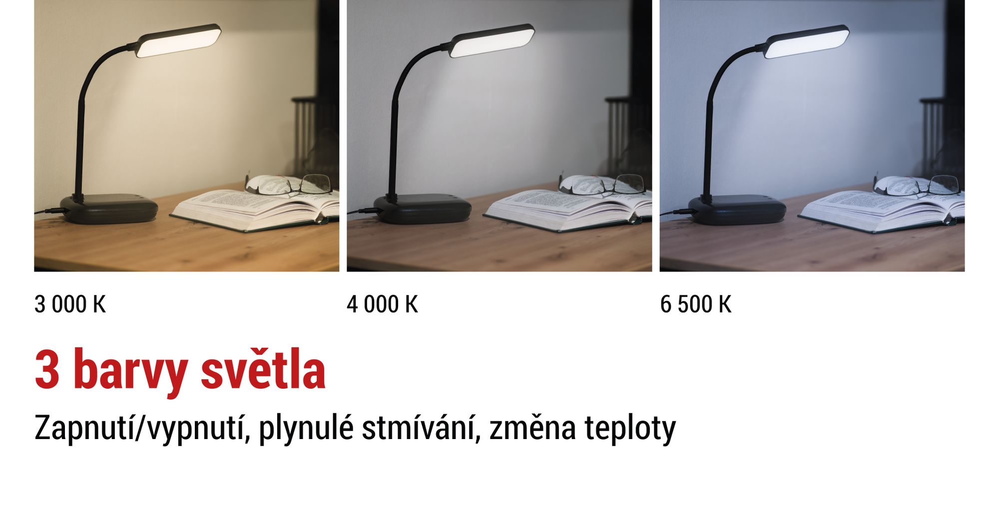 EMOS LED stolní lampa MOLLY 12W, jas 650lm, stmívatelná, nast. barva světla, flexibilní rameno lampy, 1,5m kabel + adaptér, černá, Z7638B
