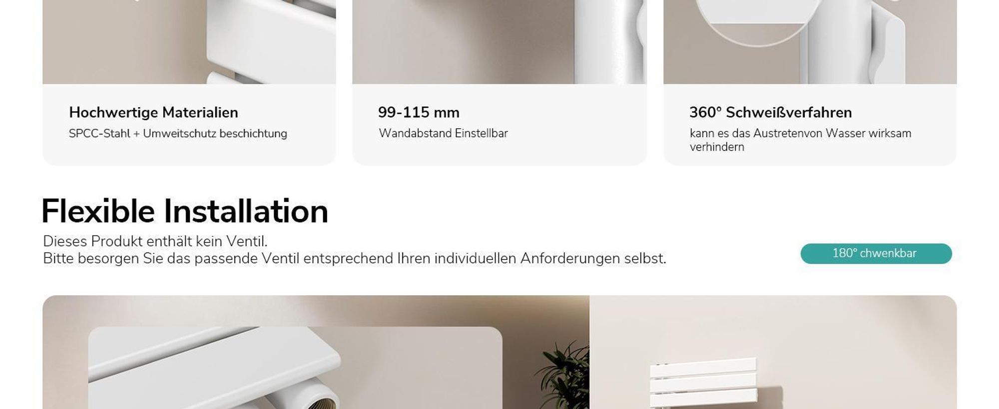 EMKE Badheizkörper Paneelheizkörper Seitenanschluss Wandmontage Warmwasser Handtuchtrokner Handtuchwärmer 1320 x 400 mm Weiß ohne Heizstab