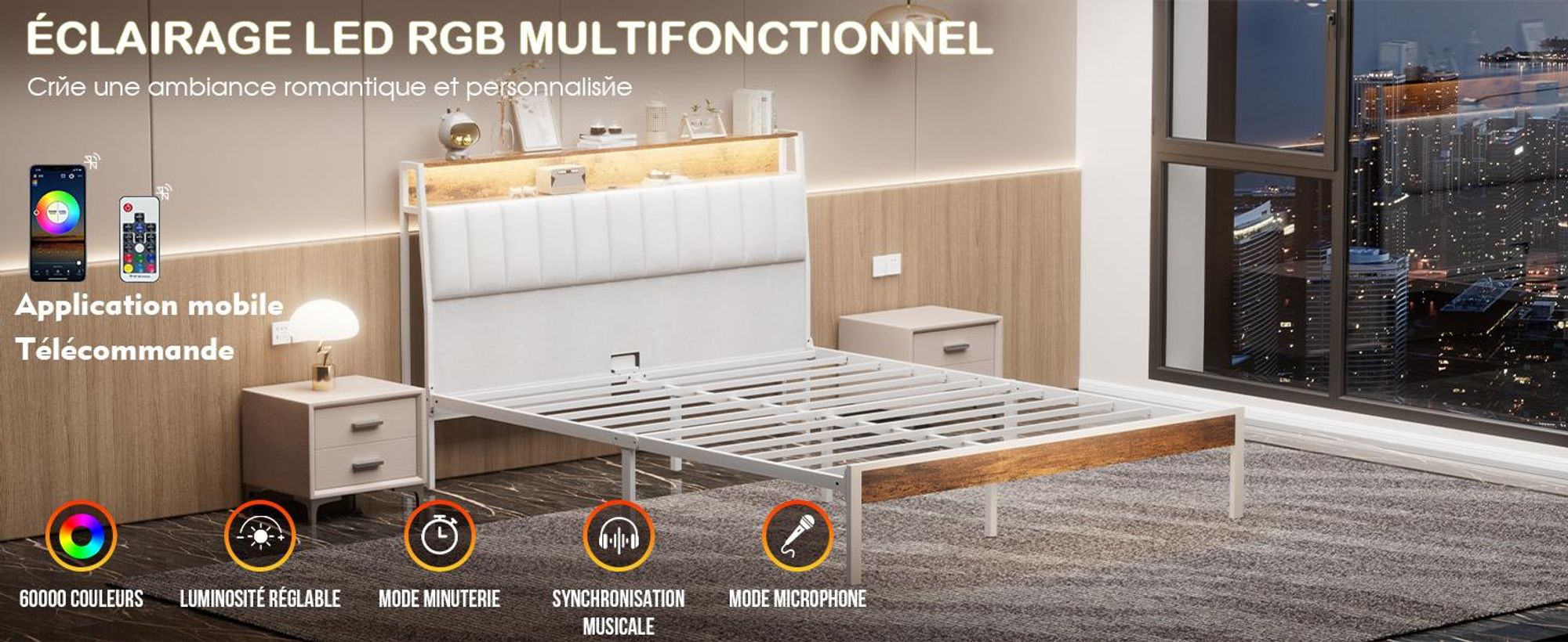 DEWINNER Cadre de lit, 140 x 200 avec Sommier en métal, lit 2 Personnes, avec lumières LED et Prises Multiples (1 Prise AC, 2 Ports USB)