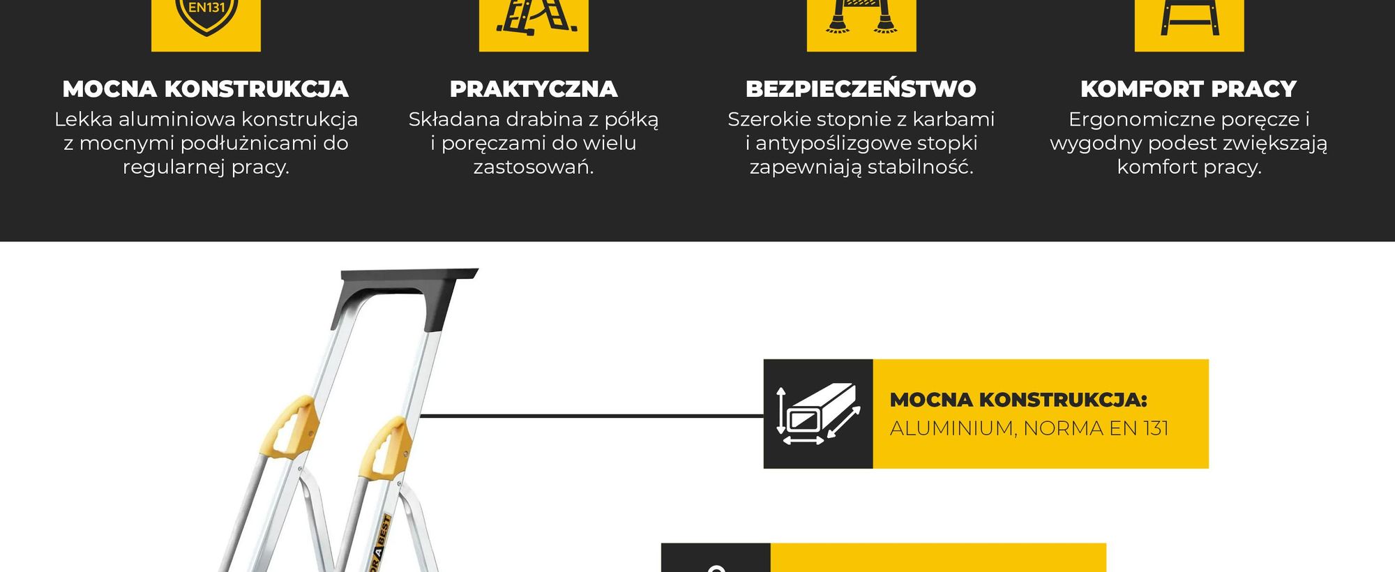 Drabest | Drabina - 5 stopni, nośność 150kg - Drabina z poręczami, drabina aluminiowa, antypoślizgowe nóżki - drabina schodkowa - drabina składana