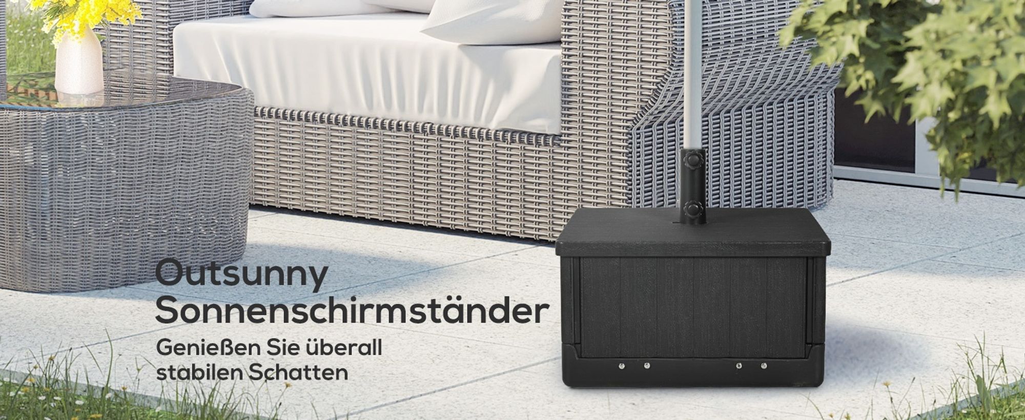 Outsunny Sonnenschirmständer bis 80 kg Sand befüllbar 3-in-1 Sonnenschirmfuß, Beistelltisch mit Griff, Rollen, Hochbeet, für Ø38/48 mm Schirmstangen Ständer für Garten, Balkon, Schwarz