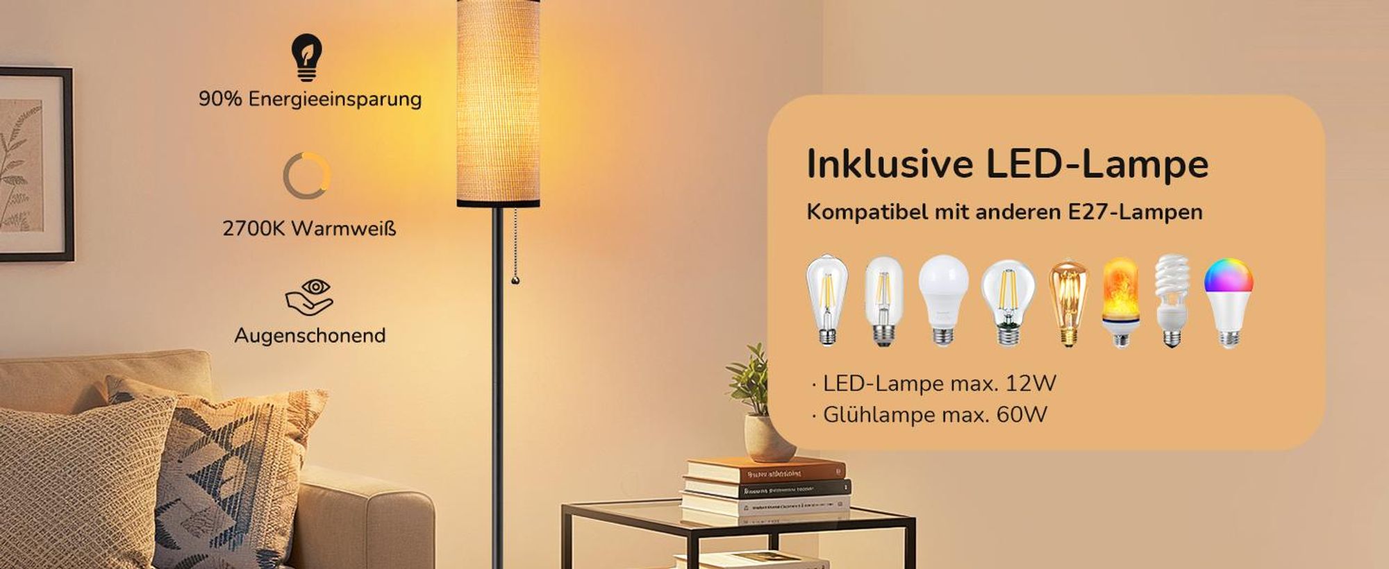 EDISHINE Stehlampe Wohnzimmer, Moderne Stehleuchte Schwarz mit geflochtenem Seil-Lampenschirm & Marmorsockel,inkl. 6W LED-Lampe