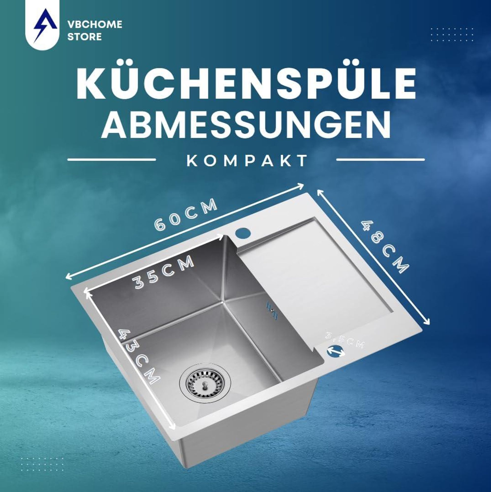 VBChome Edelstahlspüle 60 x 48 cm Gebürsteter Edelstahl Einbauspüle mit Zwei Löcher Spüle Groß Becken Küchenspüle mit Abtropffläche Siphon