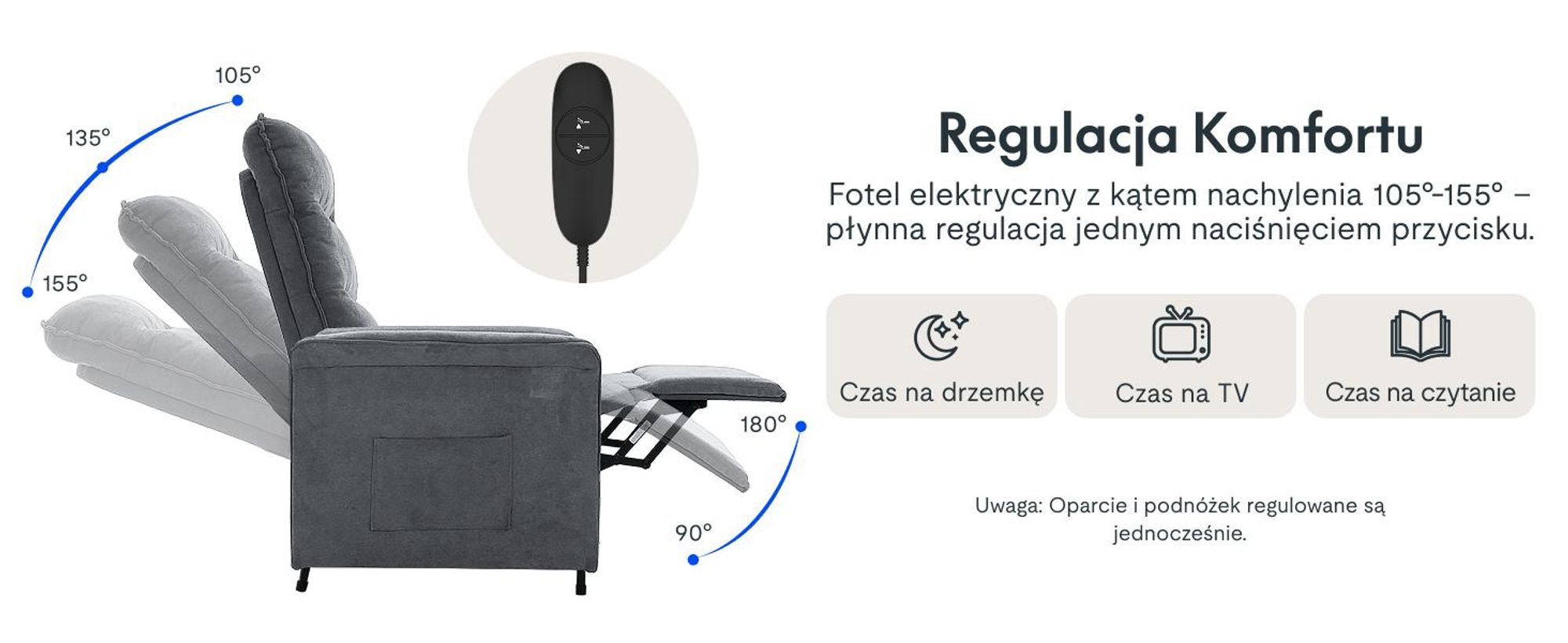 Elektryczna leżanka FLEXISPOT z funkcją odchylania 105°-155°, regulowany telewizor i leżanka do salonu, oparcie i podnóżek (jasnoszary)