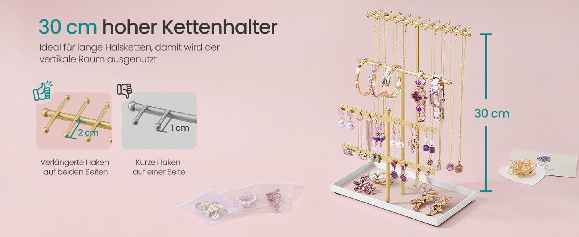 SONGMICS Schmuckständer, Schmuckhalter, Metallrahmen, Schmucktablett Samt, Schmuckaufbewahrung für Halsketten Armbänder Ohrringe Ohrstecker Ringe